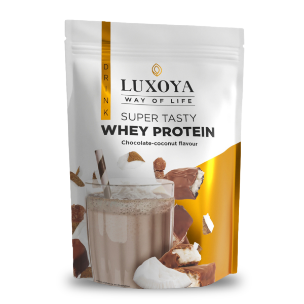 SUPER TASTY WHEY PROTEIN - PRÉMIUM FEHÉRJE ITALPOR 450 g DOY - Csokoládé-kókusz ízű - VALÓDI CSOKIDARABOKKAL ÉS KÓKUSZRESZELÉKKEL!