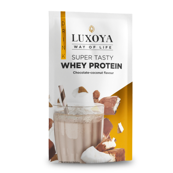 SUPER TASTY WHEY PROTEIN - PRÉMIUM FEHÉRJE ITALPOR 30 g - Csokoládé-kókusz ízű - VALÓDI CSOKIDARABOKKAL ÉS KÓKUSZRESZELÉKKEL!