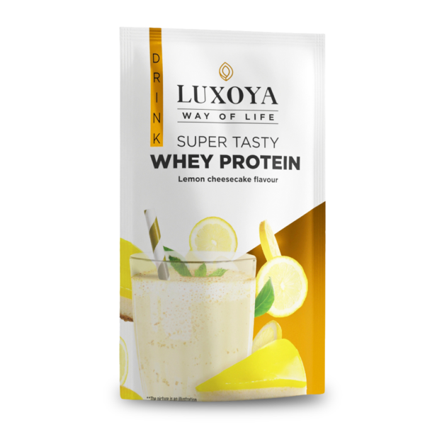 SUPER TASTY WHEY PROTEIN - PRÉMIUM FEHÉRJE ITALPOR 30 g - Citromos sajttorta ízű - VALÓDI CITROMHÉJ DARABOKKAL
