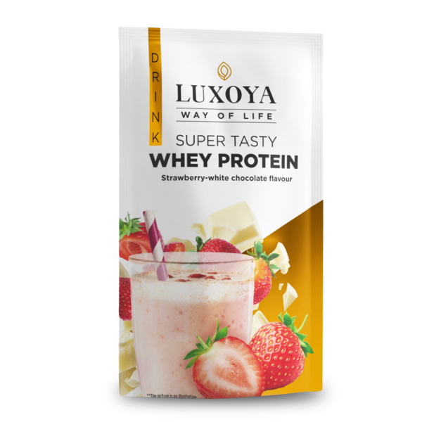 SUPER TASTY WHEY PROTEIN - PRÉMIUM FEHÉRJE ITALPOR 30 g - Eper-fehér csokoládé ízű VALÓDI EPERDARABOKKAL