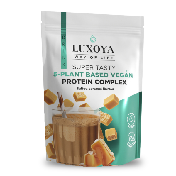 SUPER TASTY 5-PLANT BASED VEGAN PROTEIN COMPLEX - 5 FÉLE NÖVÉNYI FEHÉRJEFORRÁST TARTALMAZÓ VEGÁN FEHÉRJE ITALPOR 450 g - Sós karamella ízű