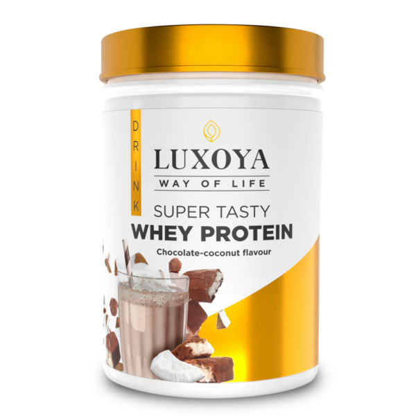 SUPER TASTY WHEY PROTEIN - PRÉMIUM FEHÉRJE ITALPOR 450 g PET - Csokoládé-kókusz ízű - VALÓDI CSOKIDARABOKKAL ÉS KÓKUSZRESZELÉKKEL!