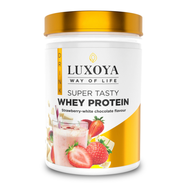 SUPER TASTY WHEY PROTEIN - PRÉMIUM FEHÉRJE ITALPOR 450 g PET - Eper-fehér csokoládé ízű VALÓDI EPERDARABOKKAL!