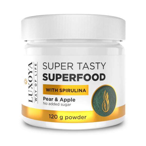SUPER TASTY SUPERFOOD - KÖRTE-ALMA ÍZESÍTÉSŰ SPIRULINÁT, ZÖLD ALGÁT ÉS ZÖLD BÚZAFÜVET TARTALMAZÓ ÉTREND-KIEGÉSZÍTŐ ITALPOR 120 g